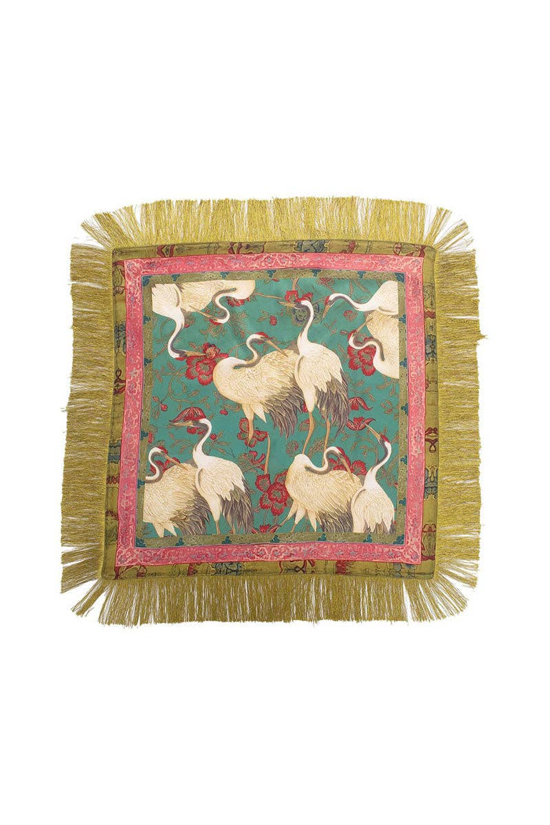 Fringed Crane Print Square Scarf: GREEN / One Size