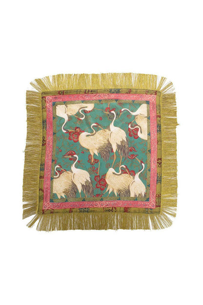 Fringed Crane Print Square Scarf: GREEN / One Size