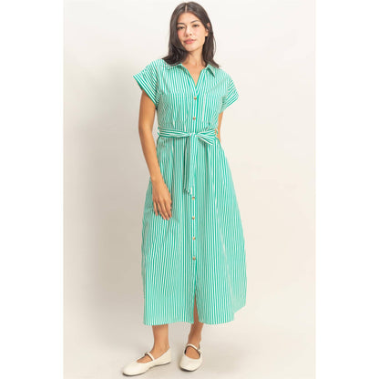 Lucky Striped Poplin Belted Shirt Dress With Pockets: GREEN