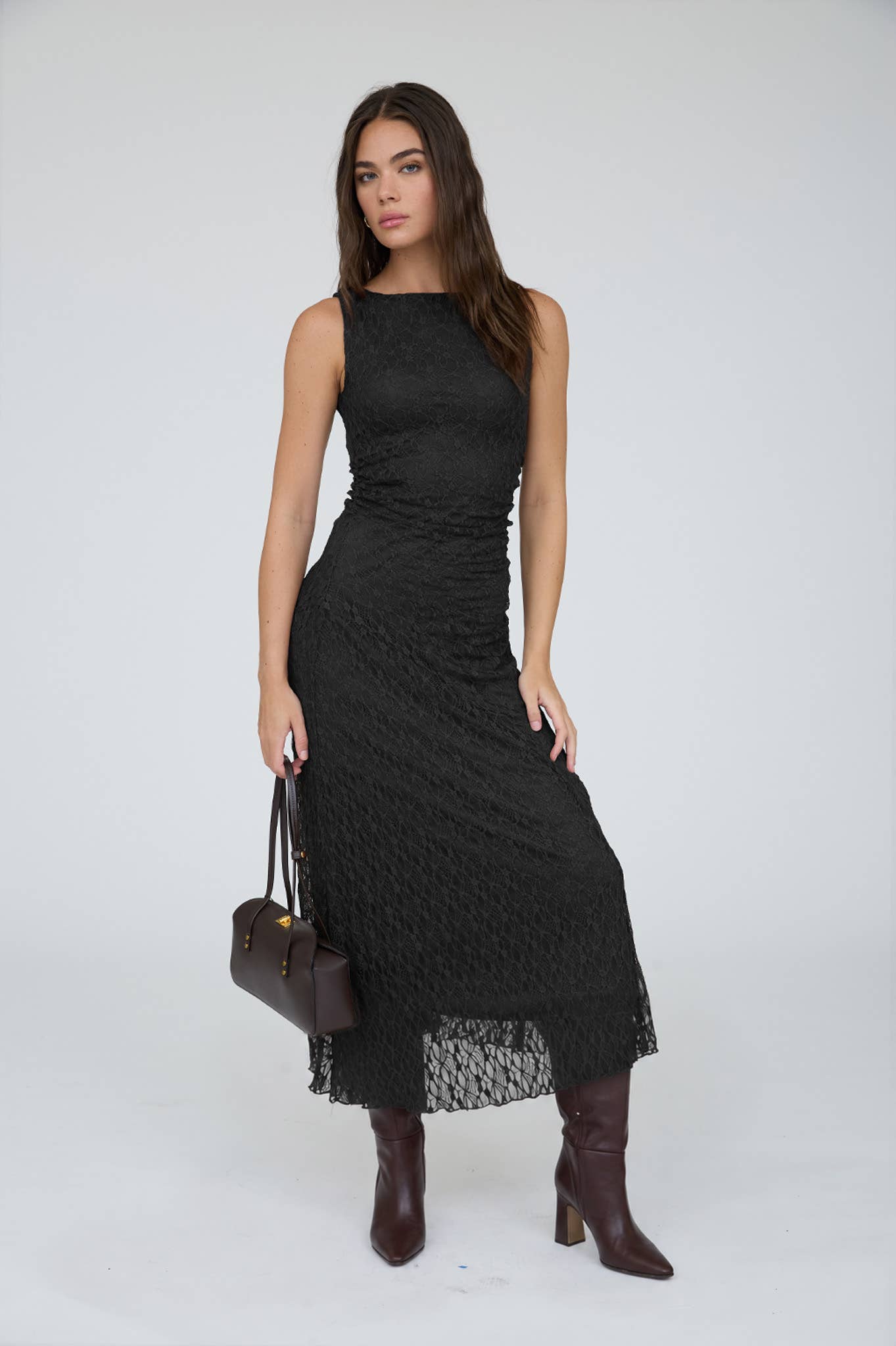 LACE RUCHED DETAIL TANK MIDI DRESS : DARK BROWN