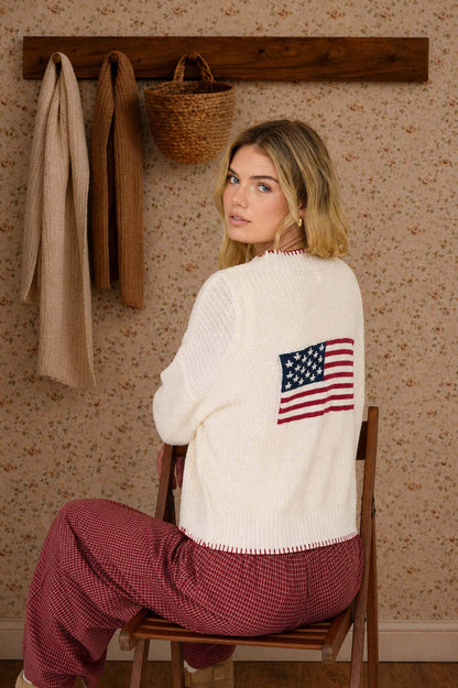 AMERICAN FLAG CONTRAST STITCH KNIT CARDIGAN: IVORY
