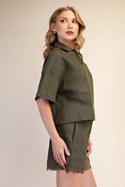 Delia Lace Denim Top: Olive