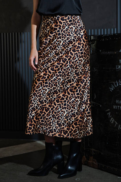 Langley Leopard Print Stretch Satin Midi Skirt