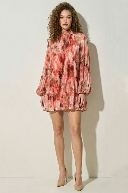 Renee Floral Pleated Chiffon Mini Dress: PINK COMBO