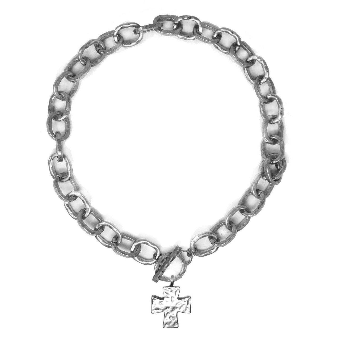 Chunky Chain Hammered Cross Charm Necklace: Silver
