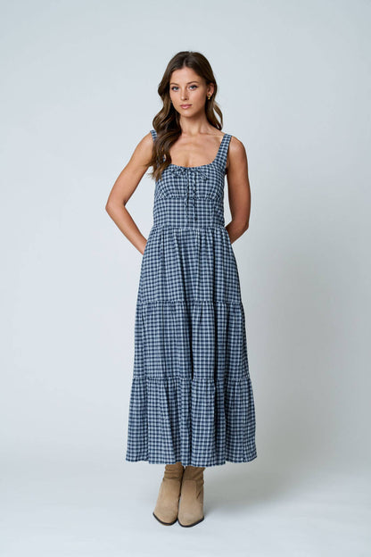 Clara Plaid Scoop Neck Tie-Front Tiered Midi Dress: Navy