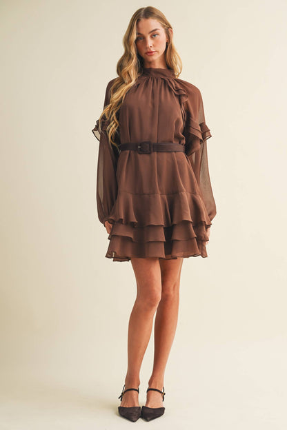Bishop Mock-Neck Tiered Dress: Dark Mocha Brown