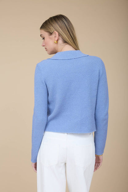 Periwinkle Collared Button Down Long Sleeve Knit Cardigan: Dusty Blue