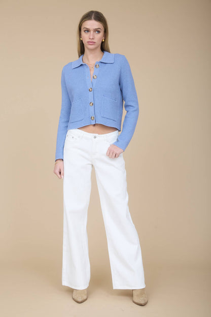 Periwinkle Collared Button Down Long Sleeve Knit Cardigan: Dusty Blue