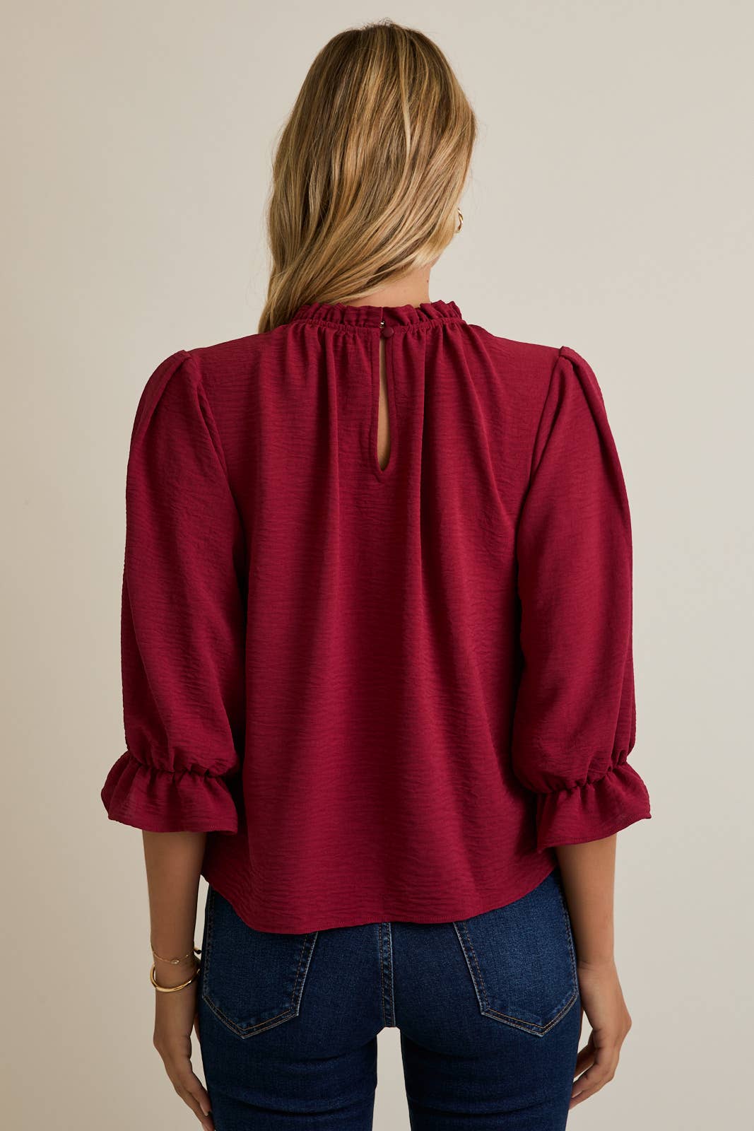 Merlot Ruffle Mick Neck 3/4 Sleeve Top: Red