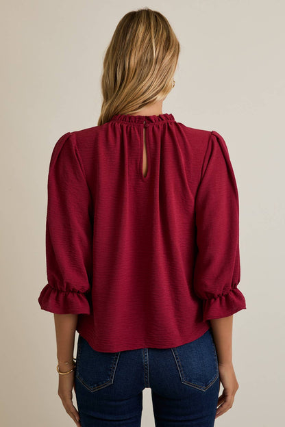 Merlot Ruffle Mick Neck 3/4 Sleeve Top: Red