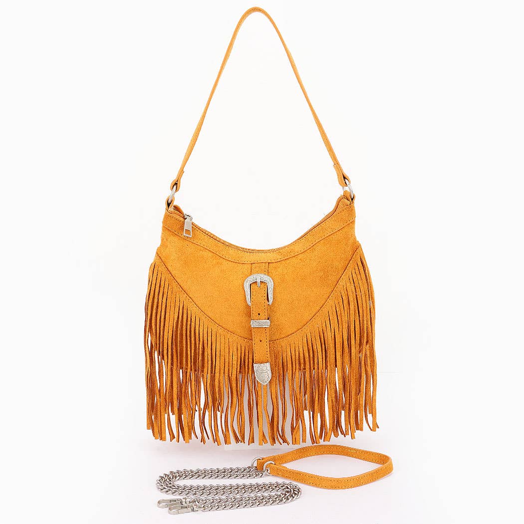Faux suede Metal Buckle Fringe Bag: BUR