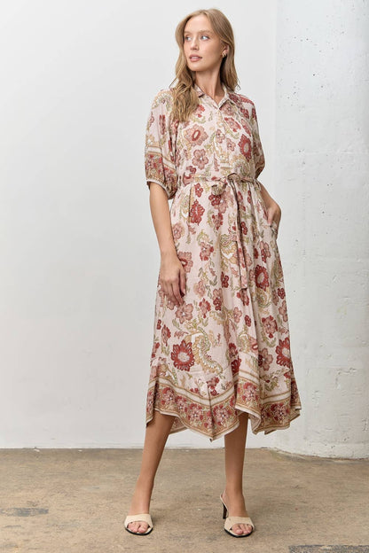 Rosalie Floral Print Button-Front Midi Dress: MAUVE MULTI