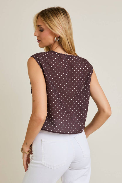 Rowan Round Neck Sleeveless Button Up Dot Top: Brown-ivory Polka Dot