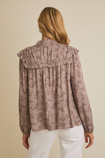 Miren Ruffle Detail Long Sleeve Button Up Shirt: Mocha-Brown Paisley