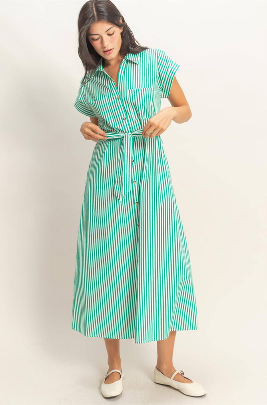 Lucky Striped Poplin Belted Shirt Dress With Pockets: GREEN