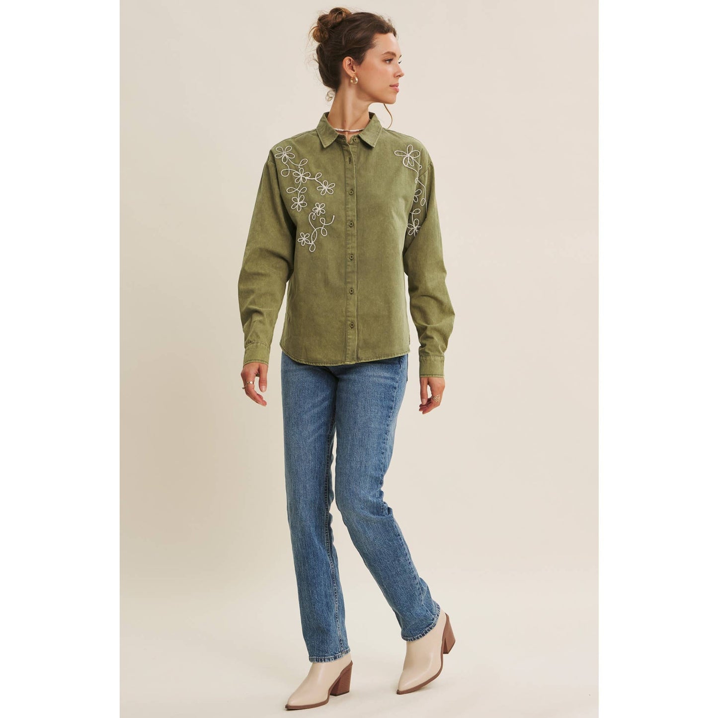 Rusting Elegance Mineral-Washed Embroidered Cotton Top: Olive