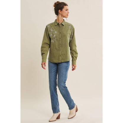 Rusting Elegance Mineral-Washed Embroidered Cotton Top: Olive