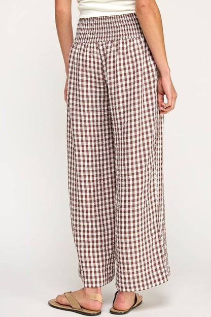 The Ginny Gingham Wide Leg Linen Pants: Mocha Brown