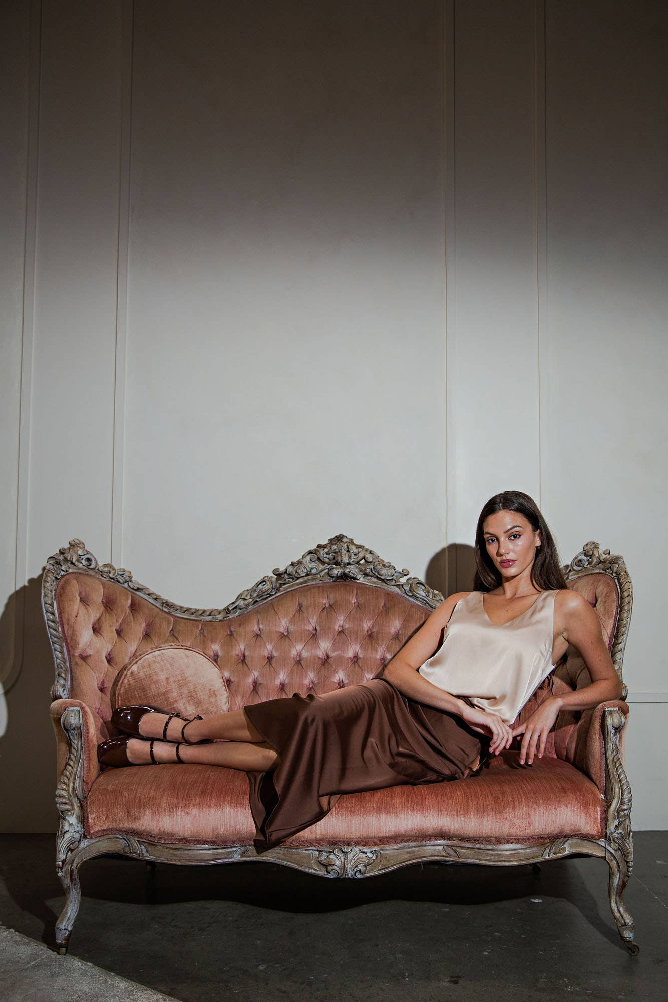 Cafe Stretch Satin Midi Skirt: Brown