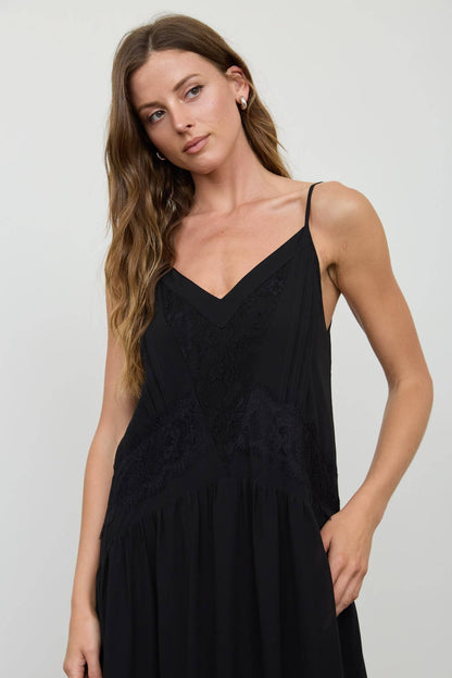 Elise V-Neck Lace-Trim Drop Waist Midi Dress: Black