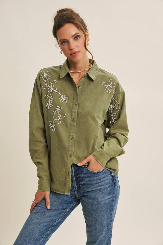 Rusting Elegance Mineral-Washed Embroidered Cotton Top: Olive