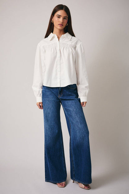 April Long Sleeve Shirring Detail Button Down Shirt: White