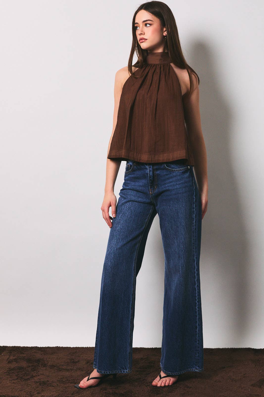 Rue Bow Detail Halter Neck Flare Top: Brown