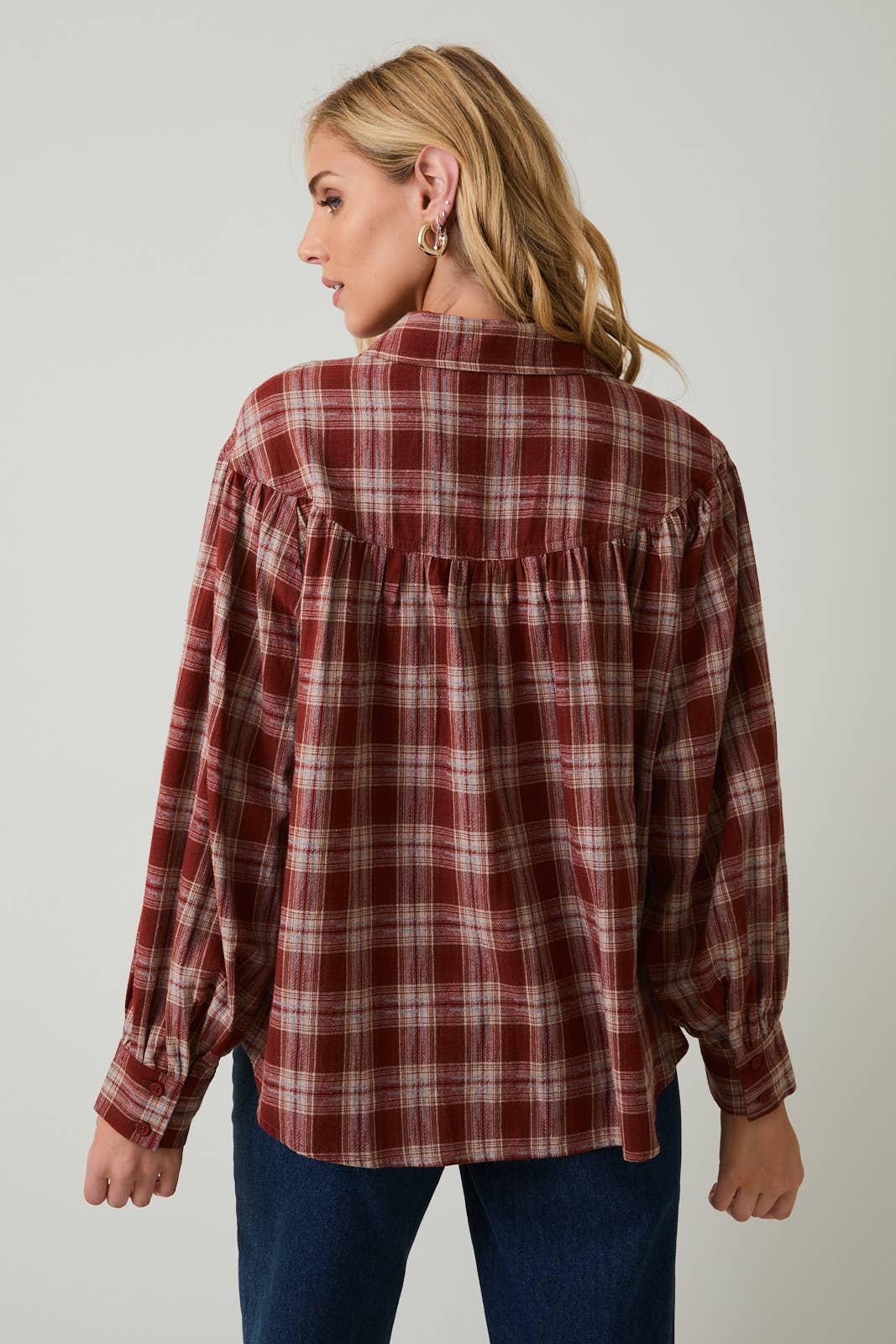 Maren Balloon Sleeve Button Up Plaid Flannel Shirt: Rust - multi Plaid