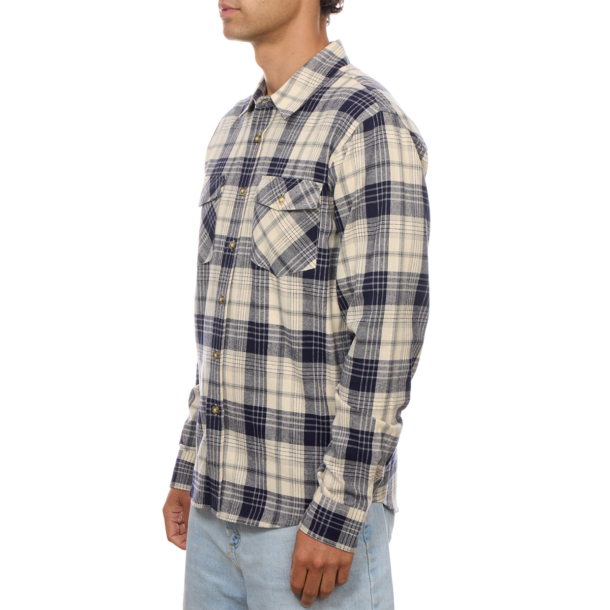 Long Sleeve Flannel Plaid Front Pockets Shirt: Navy