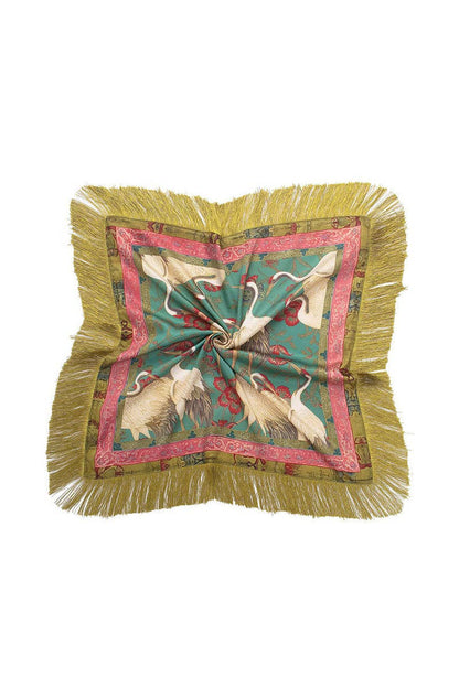 Fringed Crane Print Square Scarf: GREEN / One Size