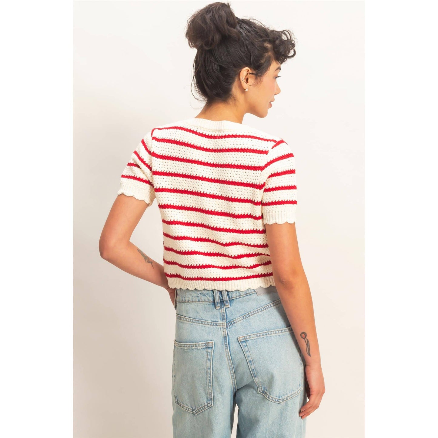 Newport Striped Short Sleeve Cardigan With Scallop Edge: RED