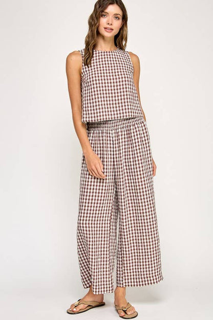 The Ginny Gingham Wide Leg Linen Pants: Mocha Brown