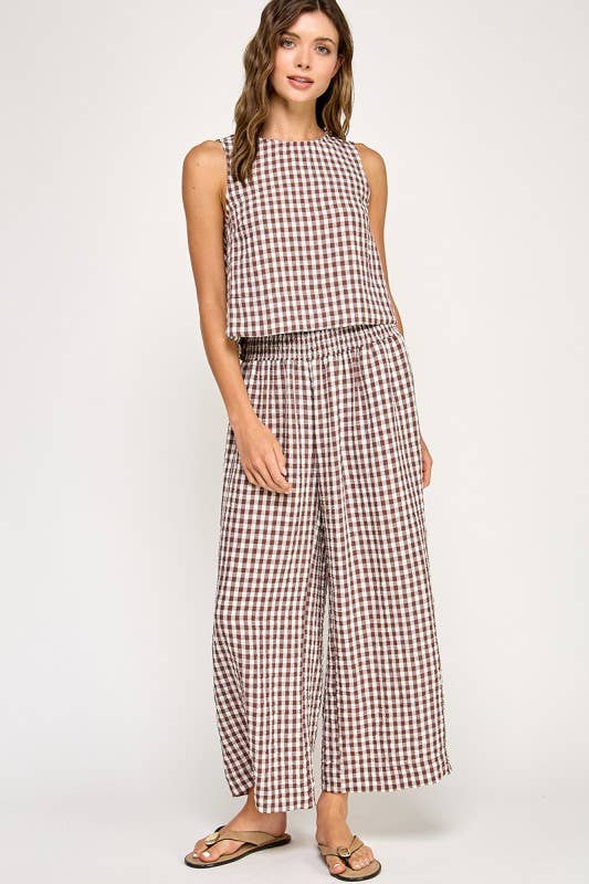 The Ginny Gingham Linen Tank: Mocha Brown