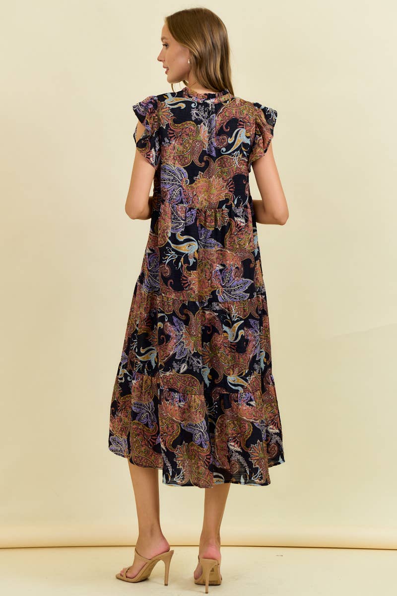 Phoenix Paisley Spit Neck Tiered Midi Dress: Black Spice