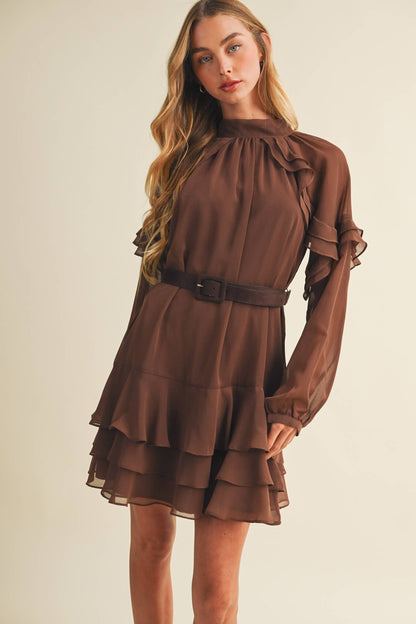 Bishop Mock-Neck Tiered Dress: Dark Mocha Brown