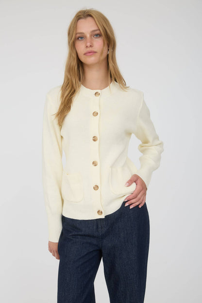 Hadley Round Neck Pocket Knit Cardigan: Cream