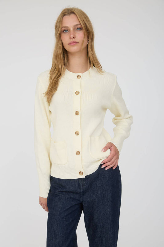 Hadley Round Neck Pocket Knit Cardigan: Cream