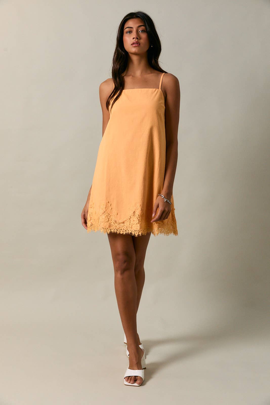 Clementine Lace Trim Spaghetti Shift Mini Dress: Orange