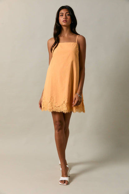 Clementine Lace Trim Spaghetti Shift Mini Dress: Orange