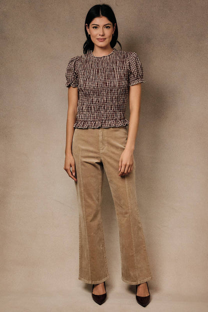 Marielle Smocked Top: Taupe Wine Plaid