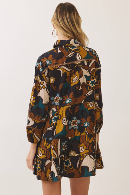 Trudy Retro Floral Tiered Shirt Dress: Multi