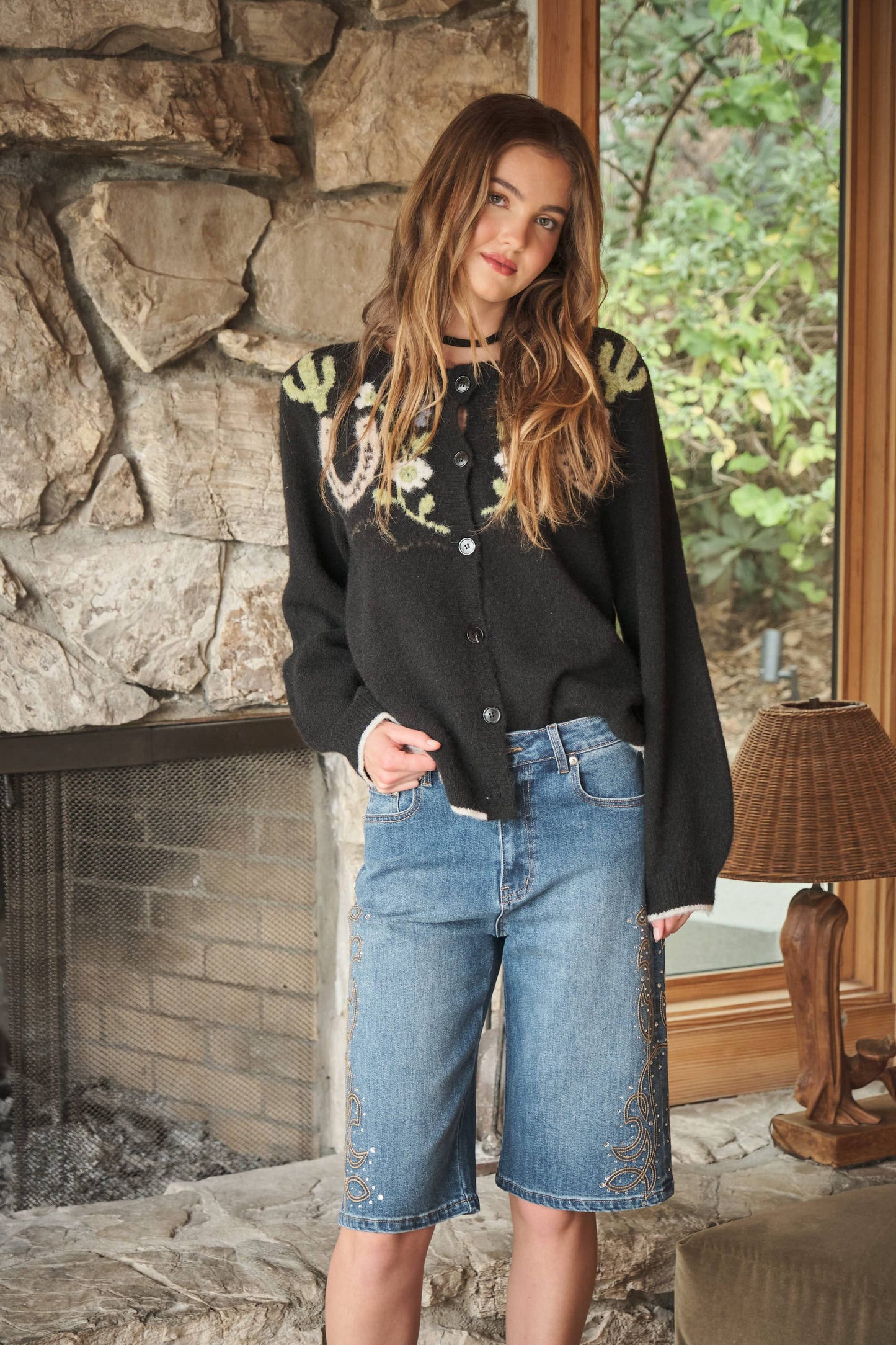 Cactus Cutie Western Graphic Sweater Cardigan: CHARCOAL