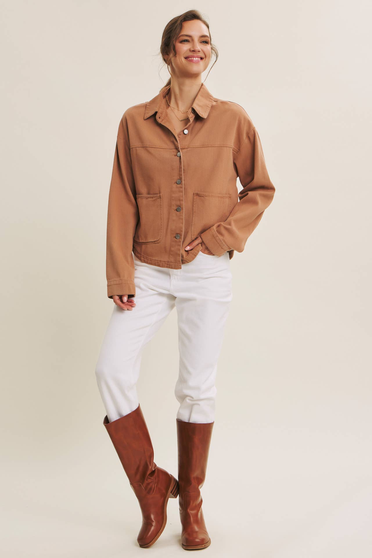 One of a Kind Washed Cotton Twill Utility Jacket: Camel