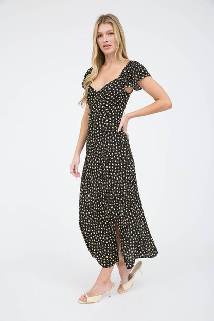 FLORAL SHORT SLEEVE SIDE SLIT MIDI DRESS: BLACK
