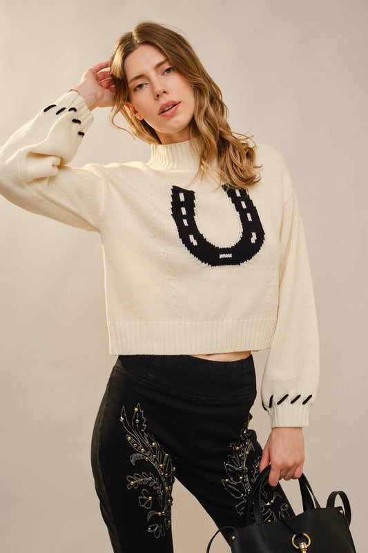 Spur Cropped Horseshoe Knit Sweater: Ivory