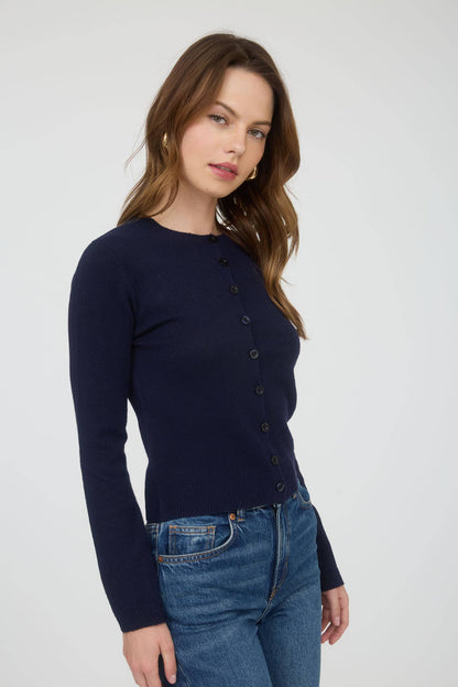 Cecilia Round Neck Button Down Long Sleeve Cardigan: Navy