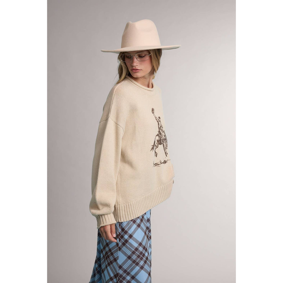RODEO COWBOY WESTERN GRAPHIC SWEATER: TAUPE
