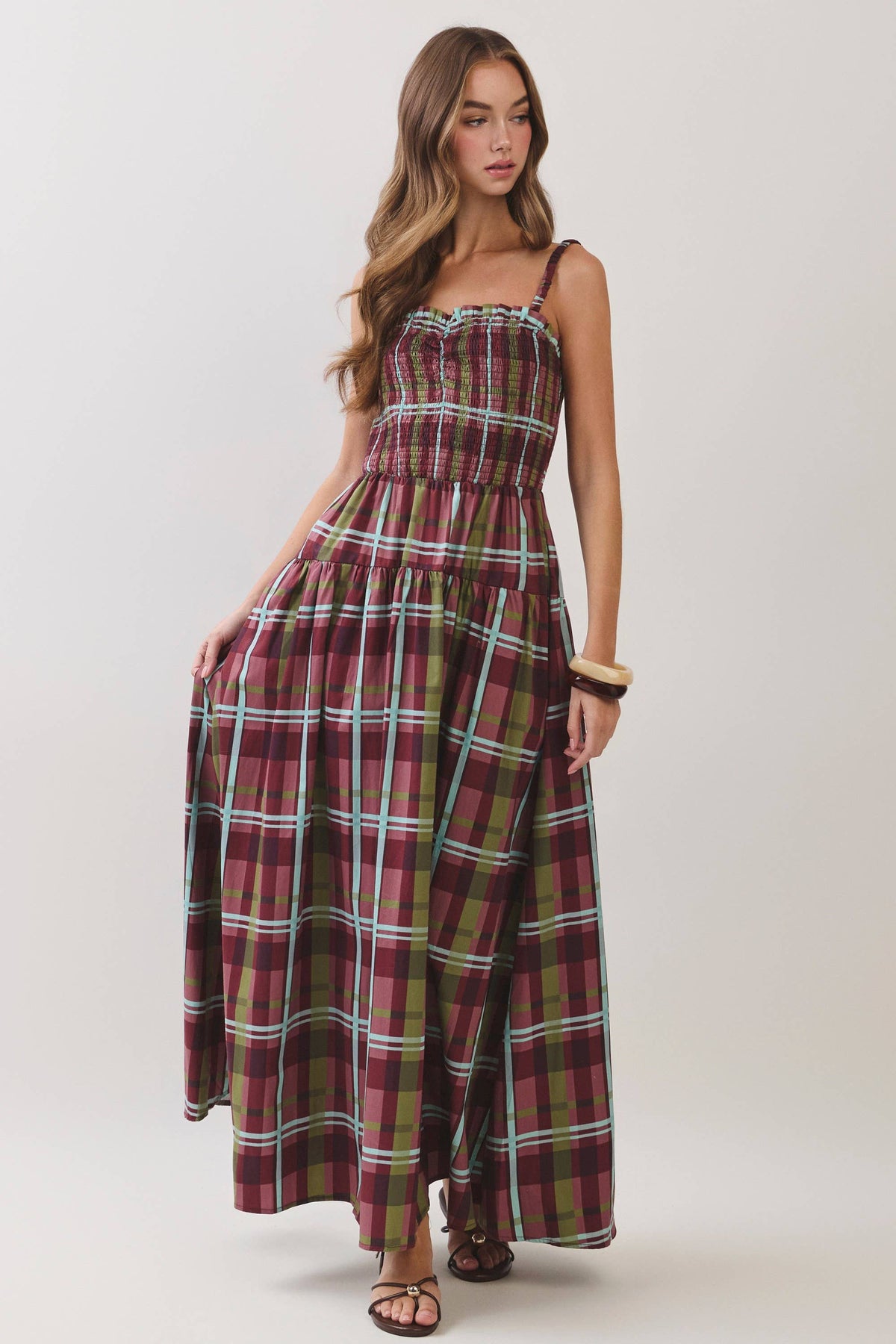 Adelia Plaid Smocked Tiered Maxi Dress: Burgundy