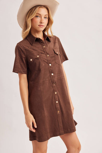 Cheyenne Collared Short Sleeve Faux Suede Mini Shirt Dress: Chocolate